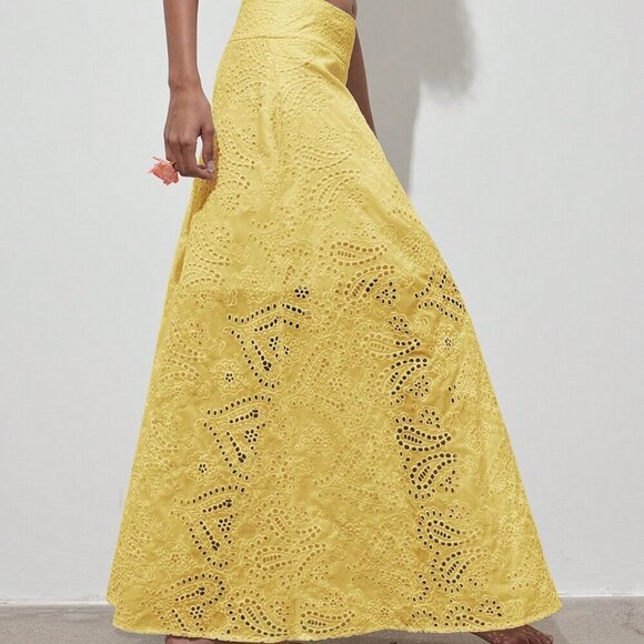 Yellow Elegant Women's Floral Hollow Out Full Embroidery A-Line Maxi Skirt - Picture 8 of 10